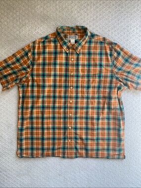 Duluth Trading Co Orange and Teal Plaid Short-Sleeve Button-Down